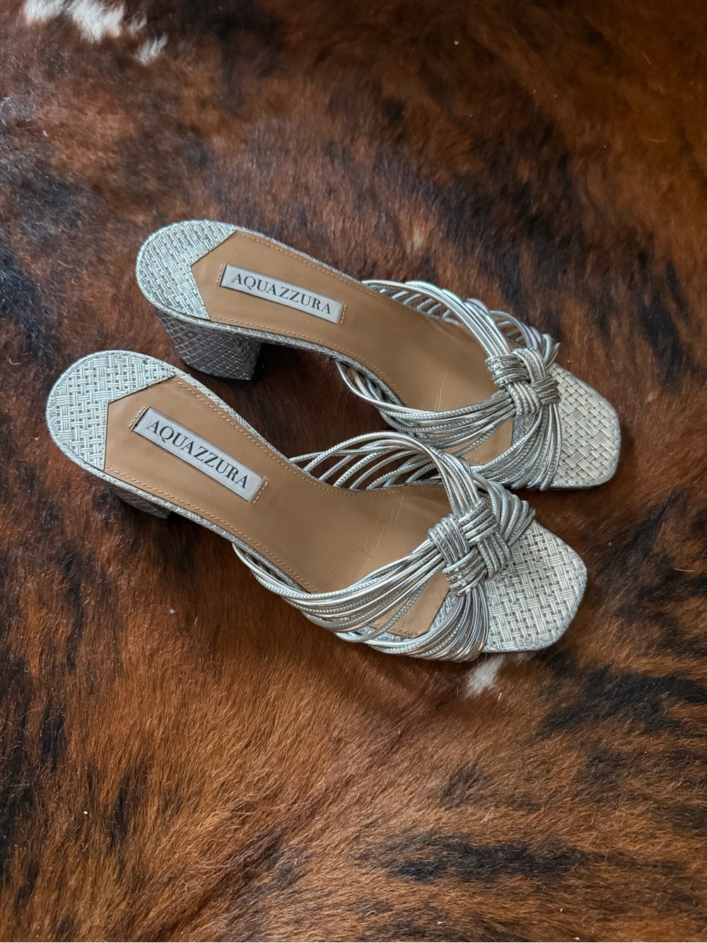Aquazzura Metallic Silver Knotted Multi-Strap Block Heel Sandals